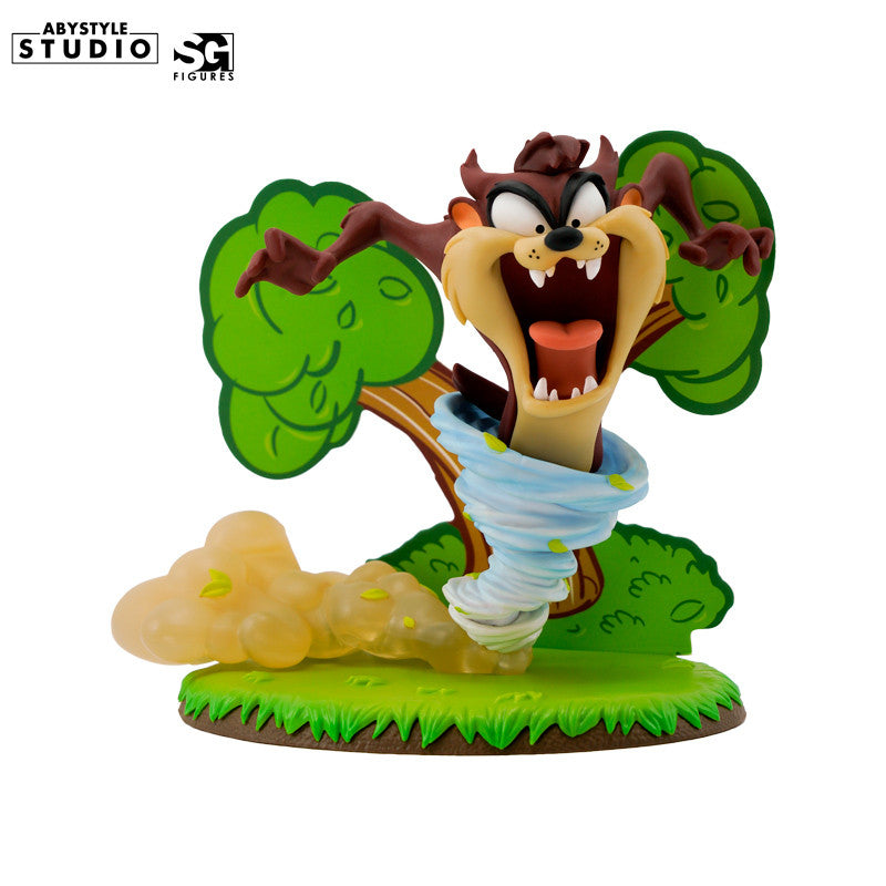 Taz Figur – Dreiviertelansicht vorne mit Tornado-Wirbel und Dschungel-Baum-Base